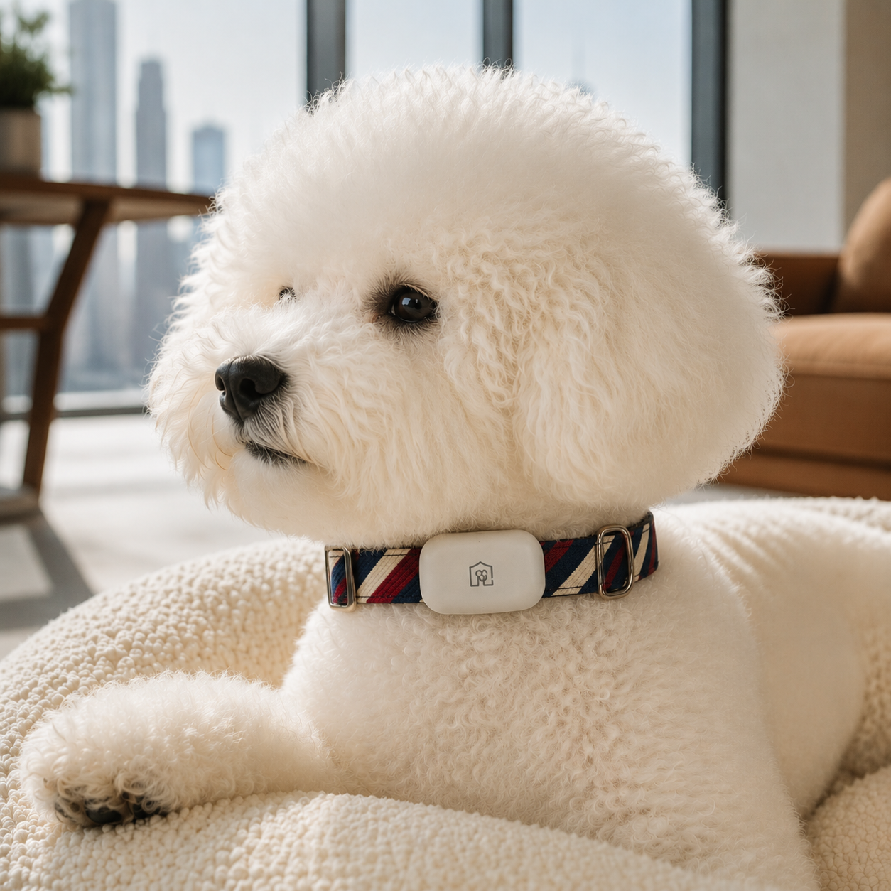 Bichon Frise wearing DuoLink smart collar - navy red cream diagonal prep design